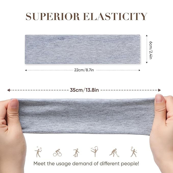9 Pack Headbands for Women Non Slip - Fabric Elastic Hair Bands for Women's Hair, Soft Cotton Cloth Stretchy Sport Headbands, Sweat Absorption Athletic Hairbands for Workout Yoga Running - A