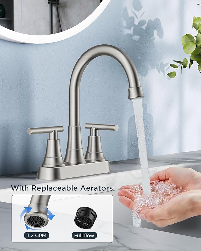 FORIOUS Centerset Bathroom Faucets for Sink 2 or 3 Hole, Brushed Nickel 4 Inch Bathroom Sink Faucet with Pop up Drain and cUPC Hose, 360° spout, Two Handles for Restroom,Vanity, RV Remodel
