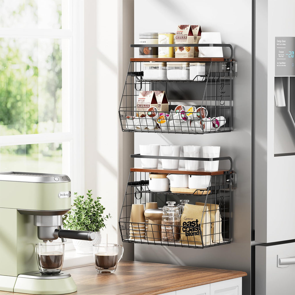 Delamu Magnetic Shelf for Fridge with Wood Lid, 3 Tier Pull Out Fruit Basket, Magnetic Spice Rack Organizer for Refrigerator, Cabinet, Kitchen Counter, Laundry (2 Pack)