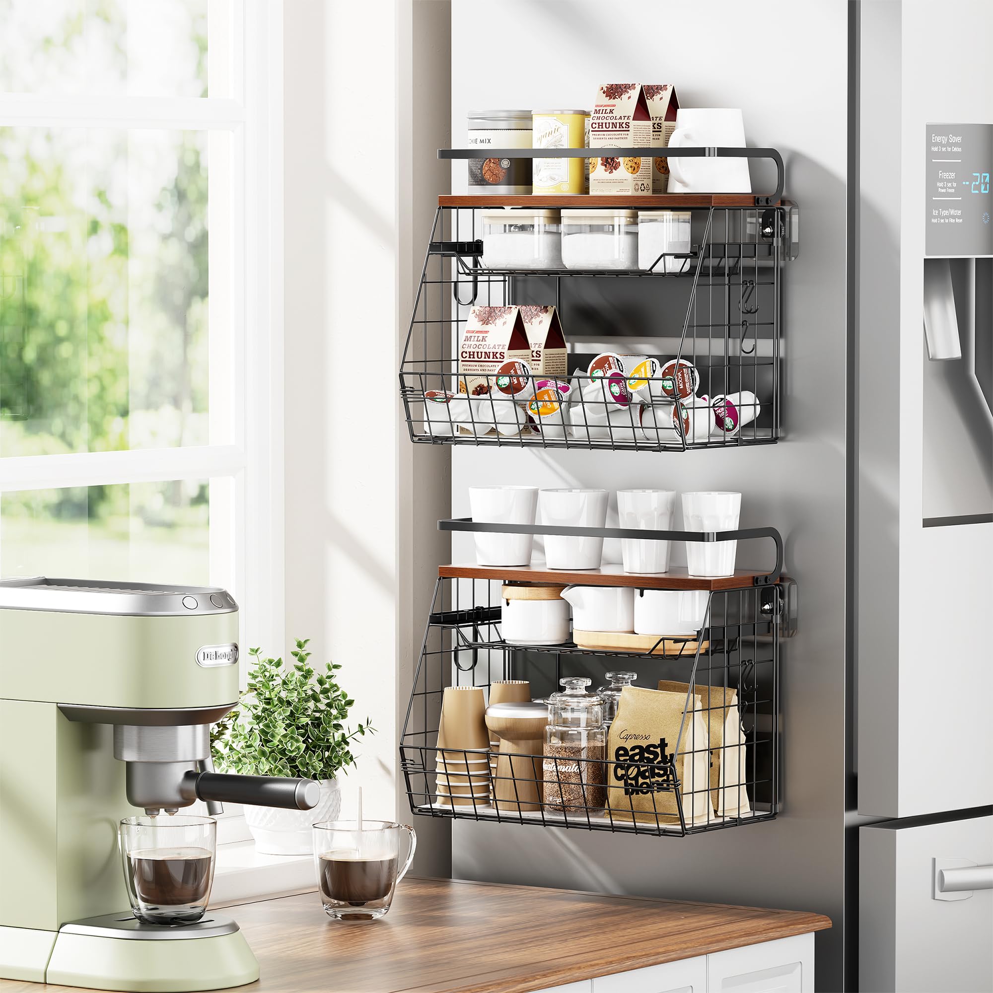 Delamu Magnetic Shelf for Fridge with Wood Lid, 3 Tier Pull Out Fruit Basket, Magnetic Spice Rack Organizer for Refrigerator, Cabinet, Kitchen Counter, Laundry (2 Pack)