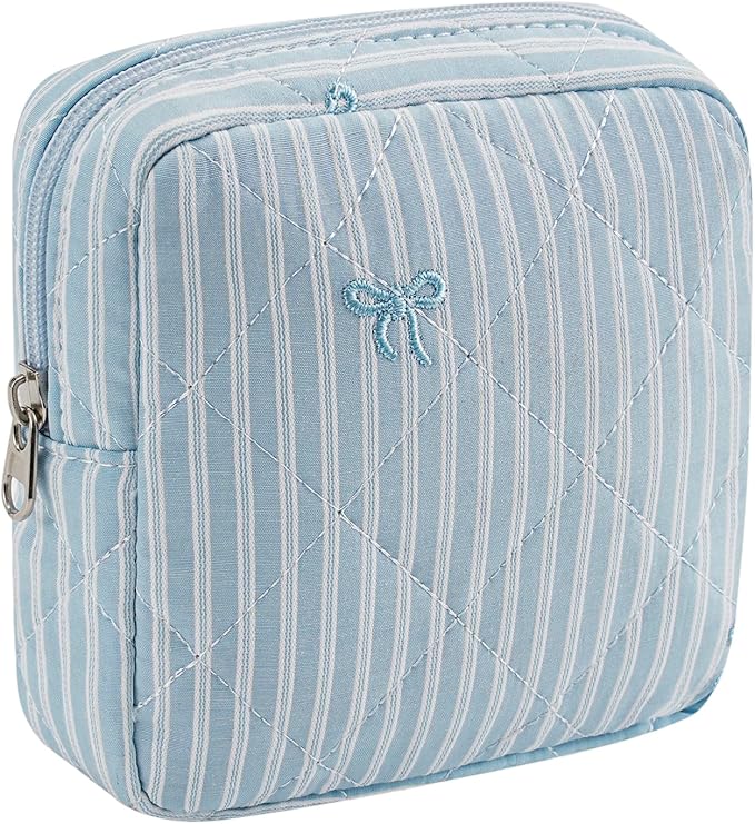RSRSLEII Small Quilted Striped Cosmetic Pouch for Purse, Mini Cotton Makeup Bag with Compartments, Cute Zipper Lipstick Holder for Women (26 Blue Stripes)