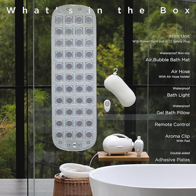 WELLCARE - Soothing Air Bubble Spa Massager with Air-Powered RGB Bathlight for Smooth Tub: Bath Pillow, IR Remote, Aromatherapy, Portable Hydrotherapy Bathmat for Muscle and Stress Relief, AC Powered
