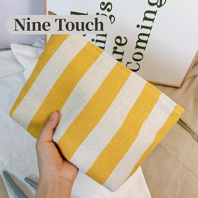 ITGOWISA Yellow Striped Makeup Bag for Women, Travel Makeup Pouch Purse