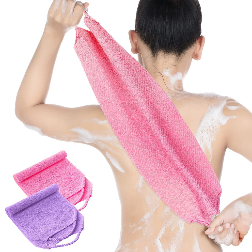 Exfoliating Back Scrubber with Handles for Shower for Women Exfoliating Back Cloth Body Extended Length Scrubber Towel Nylon Stretchable Pull Strap Wash Cloth for Bath Body 2 Pack