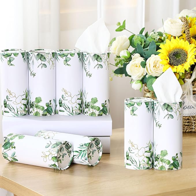 Fourluoo 12 Pack Car Tissue Cylinder Holder Bulk with 3 Ply Facial Tissues, Round Napkin Holders for Car Cup Holder Cylinder Travel Paper Tubes Bulk Round Napkin Boxes Packs(Eucalyptus)