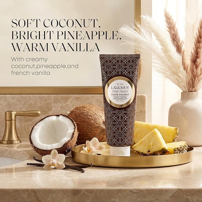 LALICIOUS Sugar Coconut Whipped Body Butter 8oz | Ultra-Hydrating Shea Butter Body Cream with Hyaluronic Acid, Vitamin C & Peptides | Deep Moisturizing Lotion for Dry |SkinFirming & Skin-Softening
