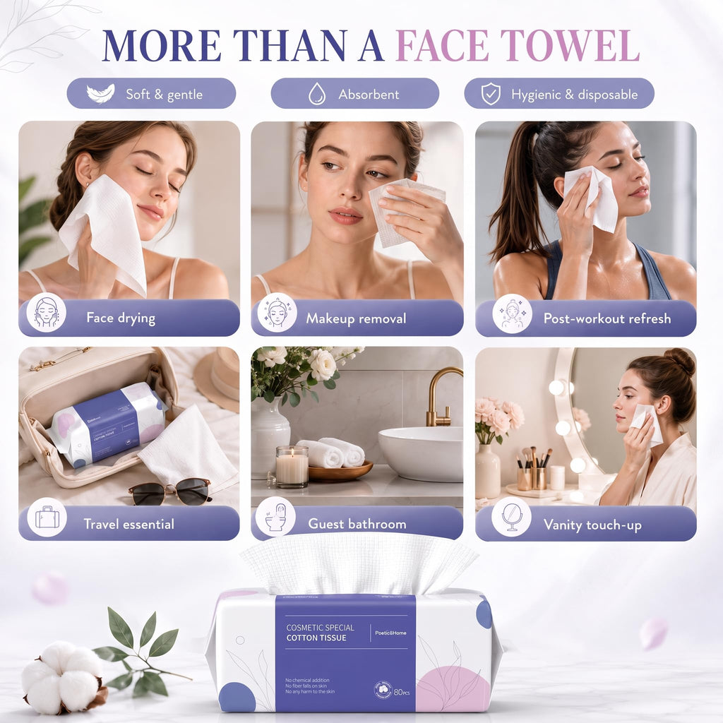 PoeticEHome Disposable Face Towel | Thick & Absorbent | Clean Face Tissue Biodegradable | Cotton Dry Wipes for Facial Cleansing & Makeup Removing
