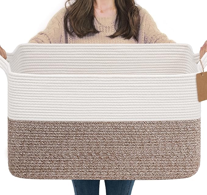 Goodpick Extra Large Woven Rope Storage Basket, Rectangle, Light Gray