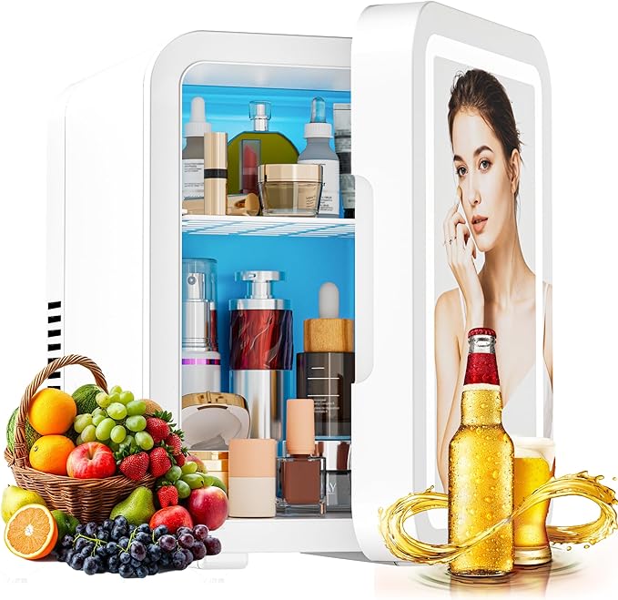 JrostKault Mini Skincare Fridge with LED Light Mirror, 4 Liter/6 Can Compact Makeup Refrigerator for Bedroom - Portable Mini Fridge for Makeup, Skincare & Food, AC/DC Power for Home & Car