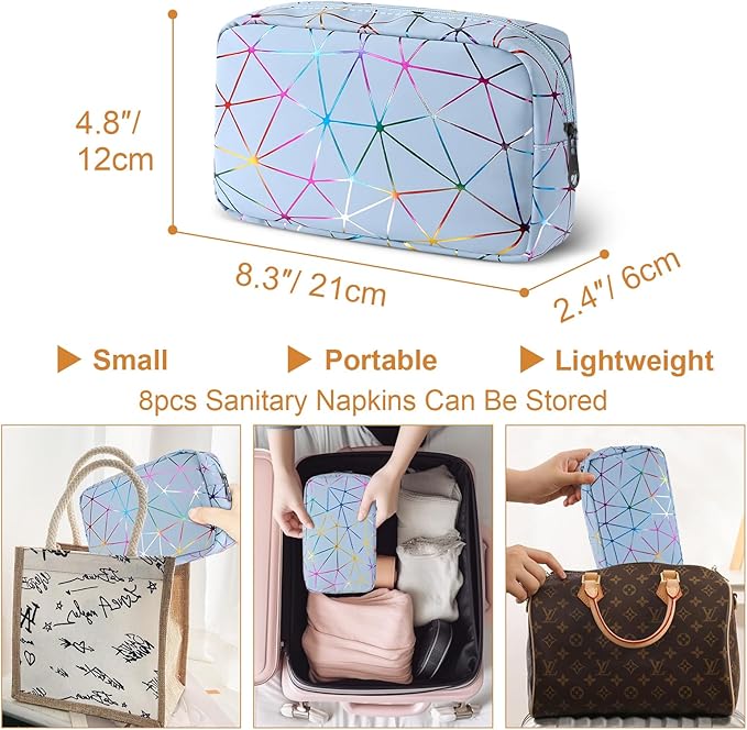 Period Bag for Girls Womens, Leather Sanitary Napkin Storage Bag, Portable Menstrual Pad Bag Period Pads Pouch, Small Make Up Bags(Colorful Blue)