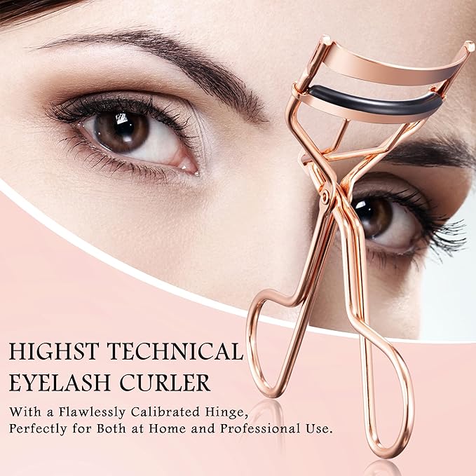 Pro Eyelash Curler – No Pinching, Hypoallergenic Rubber Pad for Perfect Curves, Painless & Gentle, Fits All Eye Types – Compact Travel-Friendly Design with Case (Rose Gold)