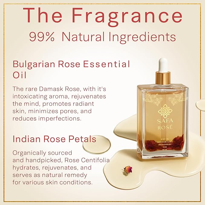 SAFA Rosé Body Oil | Luxury Bulgarian Rose Oil with Real Rose Petals | Fast Absorbing After Shower Hydrating Oil | Moroccan Argan Sweet Almond & Vitamin E | Silky Moisturizer Face & Skin | 4 fl oz