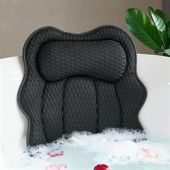 Joeyset Bath Pillow for Tub, 4D Air Mesh Breathable Fabric, Soft Supportive Bathtub Cushion for Head Neck Back, Ergonomic Spa Pillow with Strong Suction Cups, Quick-Drying, Machine Washable (Black)