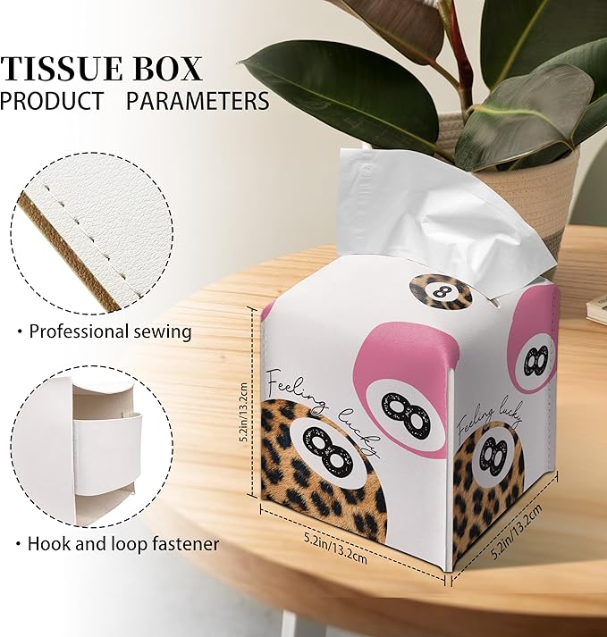 Grace Yonks Cute Tissue Box Cover Square - Leopard Print & Pink 8 Ball “Feeling Lucky” Design 5.2" PU Leather Holder for Vanity, Desk, or Bathroom Counter - Cube Case for Facial Tissues(014)