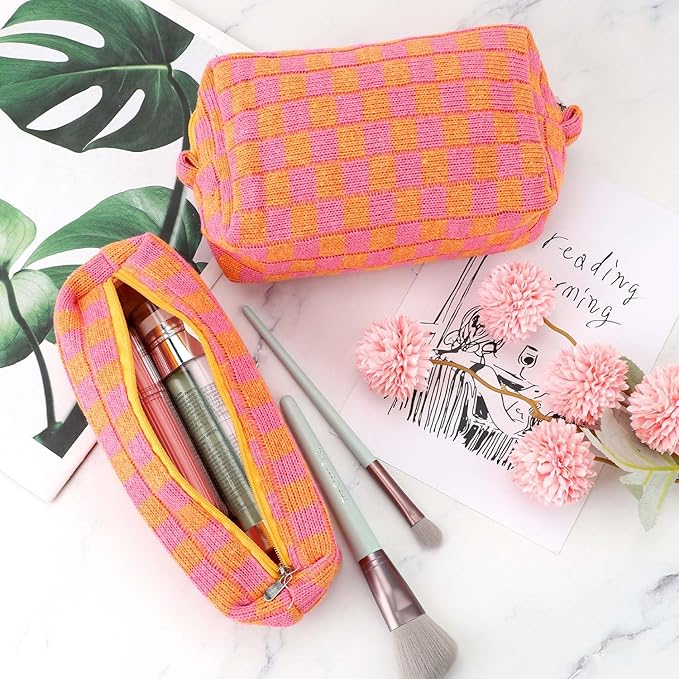 Gocvo 3 Pcs Makeup Bag Checkered Cosmetic Bag Large Capacity Traveling Toiletry Pounch Organizer Cute Makeup Brushes Aesthetic Accessories Storage Bag for Girls Women(Orange-Purple)