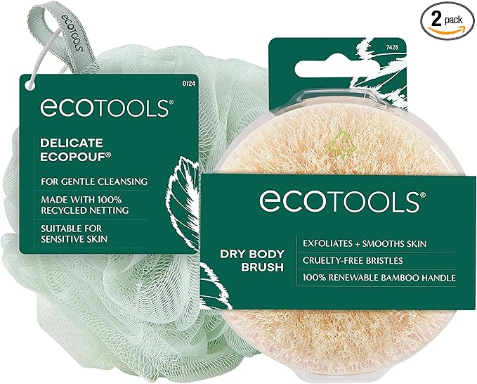 EcoTools Dry Body Brush for Circulation, Dead Skin Removal + Green Delicate EcoPouf Made with Recycled Netting for Cleansing and Exfoliating Sensitive Complexion, Self-Care Gifts