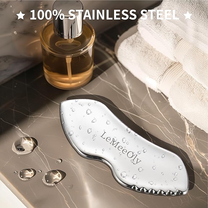LeMeeOly Stainless Steel Gua Sha Facial Tools Metal GuaSha Tool for Face Neck, Detailer Gua Sha Lymphatic Drainage Reduce Wrinkles Face Massage Tool, Gift for Women (Guasha & Face Roller)