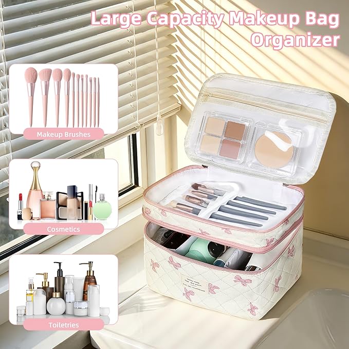 Gosect Makeup Bag, Portable Travel Make up Bag, Large Capacity Quilted Cosmetic Organizer Bag, Cute Floral Toiletry Bag for Women Girls (Pink Bow)