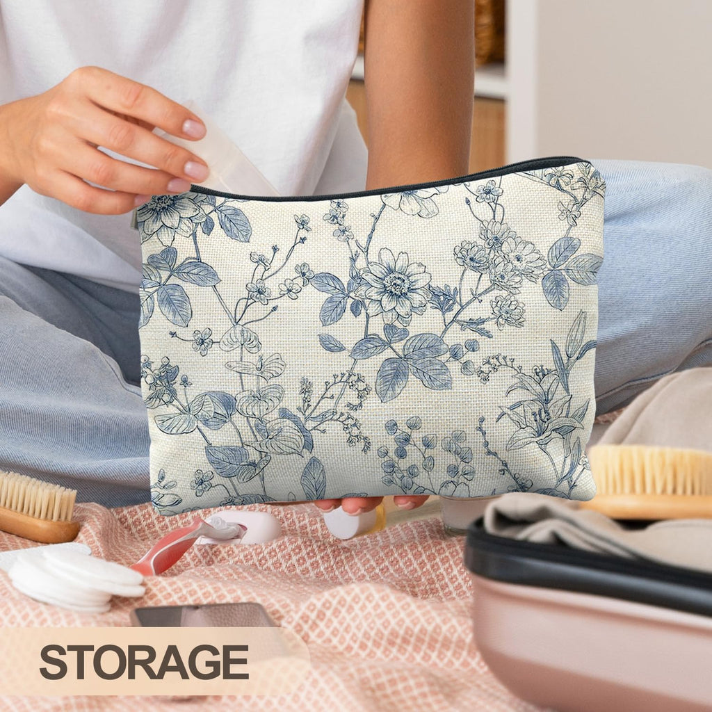 RYYCDOI Vintage Blue Floral Makeup Bag, Chinoiserie Blue and White Floral Cosmetic Bags for Women, Retro Flower Botanical Zipper Makeup Pouch
