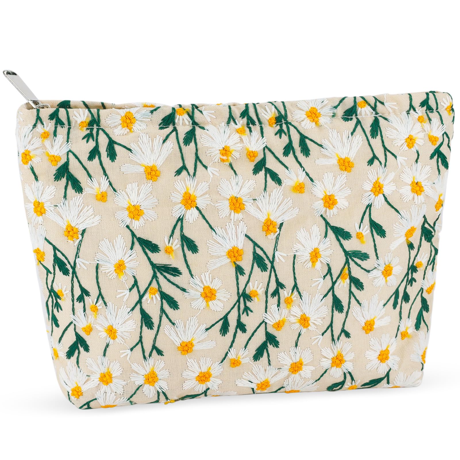 ZLFSRQ Daisy Flower Makeup Bag Travel Cute Floral Cosmetic Bag for Women Girls Small Embroidery Makeup Zipper Portable Storage Toiletry Pouch for Purse Aesthetic Christmas Essential Cosmetic Organizer