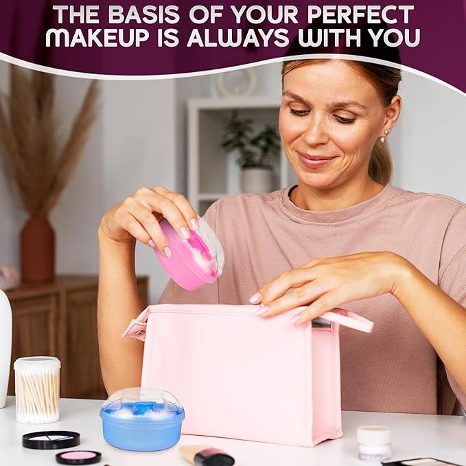2Pcs Talcum Powder Puff and Container Brush with Holder – Dusting Powder Puff for Women Set, 3.6x2.45 Pink and Blue, Easy to Clean & Store, Gentle and Safe, Good for Travel and Quick Makeup