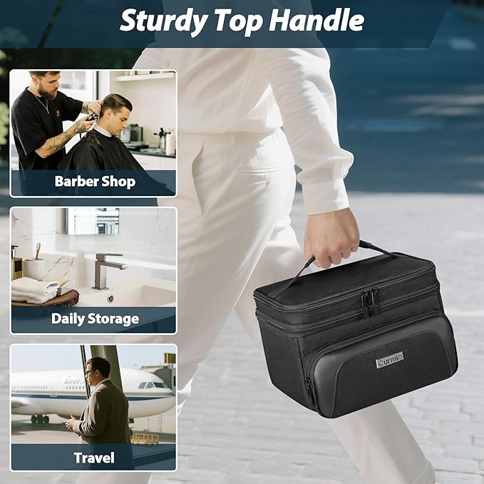 CURMIO Travel Carrying Case for Hair Clipper, Double Layer Barber Supplies Hair Cutting Tools Storage Bag Compatible with Ufree/Wahl/Andis/Hatteker/Osterpro and Most Standard Men Hair Trimmer