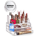 Masirs Clear Makeup Organizer with Mirror – 16-Compartment Cosmetic and Jewelry Holder, 4-Drawer Vanity Storage, Elegant Clear Design for Makeup and Accessories