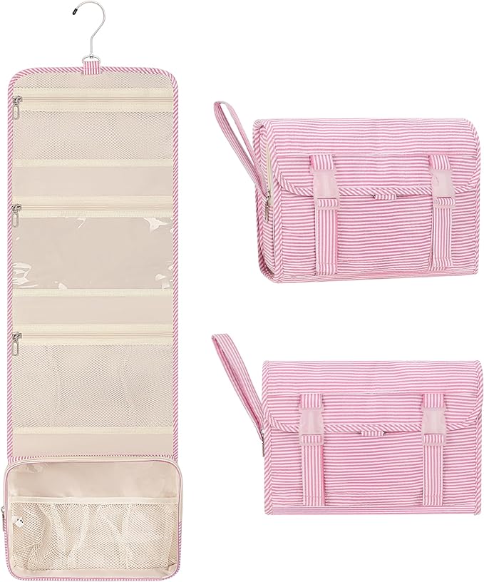 Relavel Hanging Toiletry Bag for Women, Large Makeup Travel Bag with Separate Compartments, Water Resistant Toiletries Bag for Travel Accessories, Portable Bathroom Bag for Trip Camping- Pink Strip