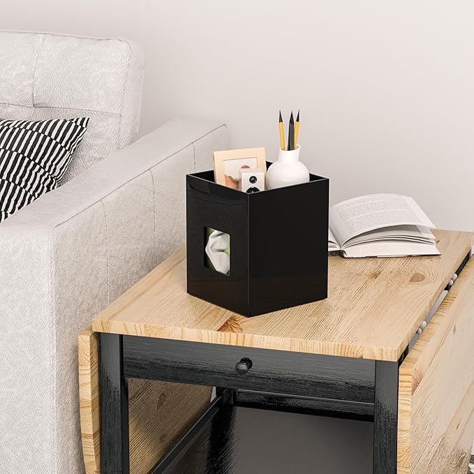 Hongtuocb Black Acrylic Tissue Box Cover with Storage Tray ,Square Acrylic Tissue Box Holder Napkin Dispenser for Bathroom Kitchen Home Office (Black, 5.5x5.5x6.7)