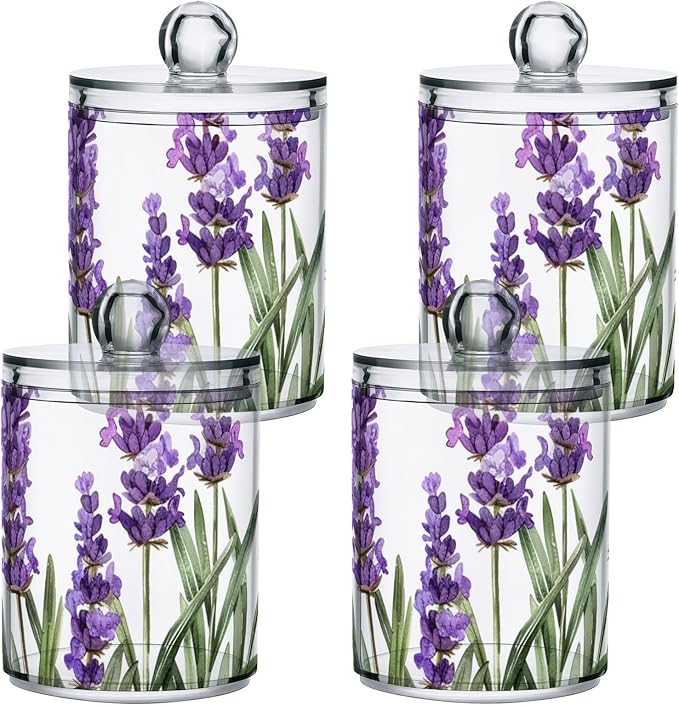 2 Pack Qtip Holder Dispenser for Cotton Ball Purple Lavender Watercolor Flower Cotton Swab Round Pads Clear Plastic Acrylic Jar Set Bathroom Canister
