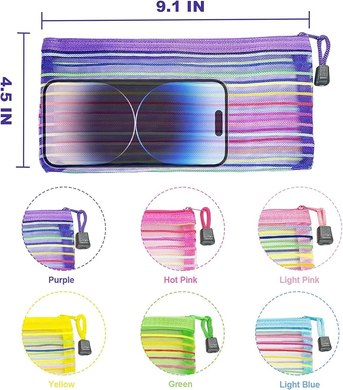 CarryEpic Mesh Bags with Zipper (6 Pack), Small Nylon Makeup Bag Cosmetic Pouches Travel Organizer for Purse Diaper Bag Home Organizing Striped Mix 6 Colors