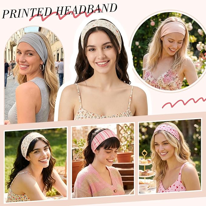 obeoby 8 Pack Pink Cute Headbands for Girls Daughter, Floral Stripe Headbands for Summer Outfit Non Slip Wide Headband Beach Gifts