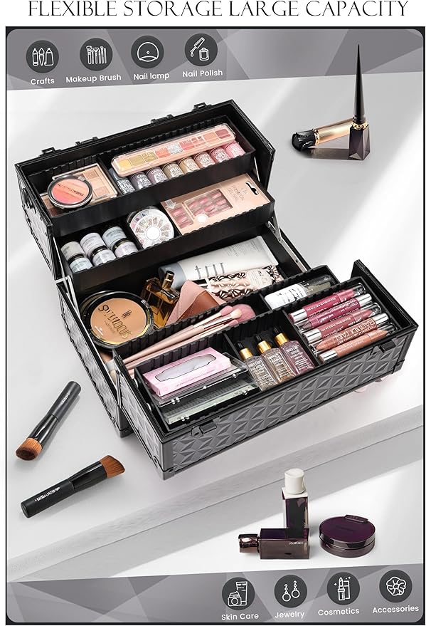 Joligrace Makeup Train Case Professional Cosmetic Organizer Aluminum Storage Box with 4 Adjustable Dividers Trays Lockable Portable with Shoulder Strap - Black