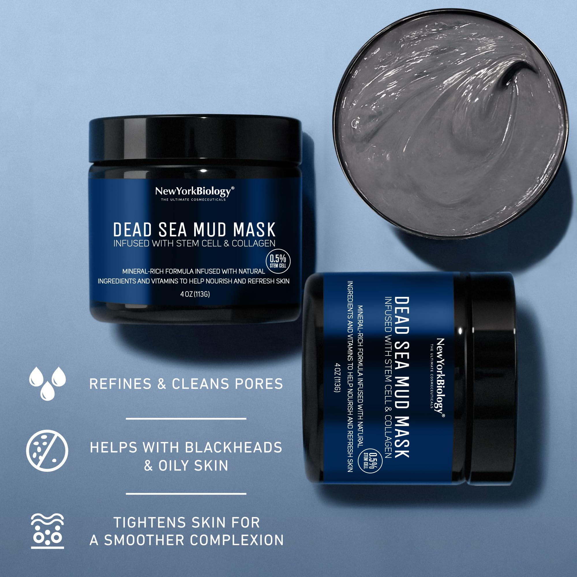 New York Biology Dead Sea Mud Mask for Face, Body | with Stem Cell and Collagen | Spa Quality Pore Refiner for Oily Skin | Natural Skincare for Women, Men | Tighten Skin | 4 oz