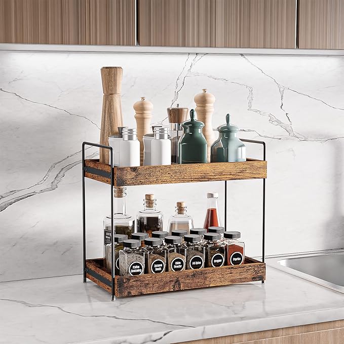 SANRETAHO 2-Tier Wood Bathroom Counter Organizer, Kitchen Spice Rack