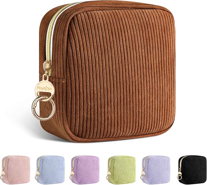 Playexen Period Bag for Purse, Corduroy Sanitary Napkin Storage Bag, Brown