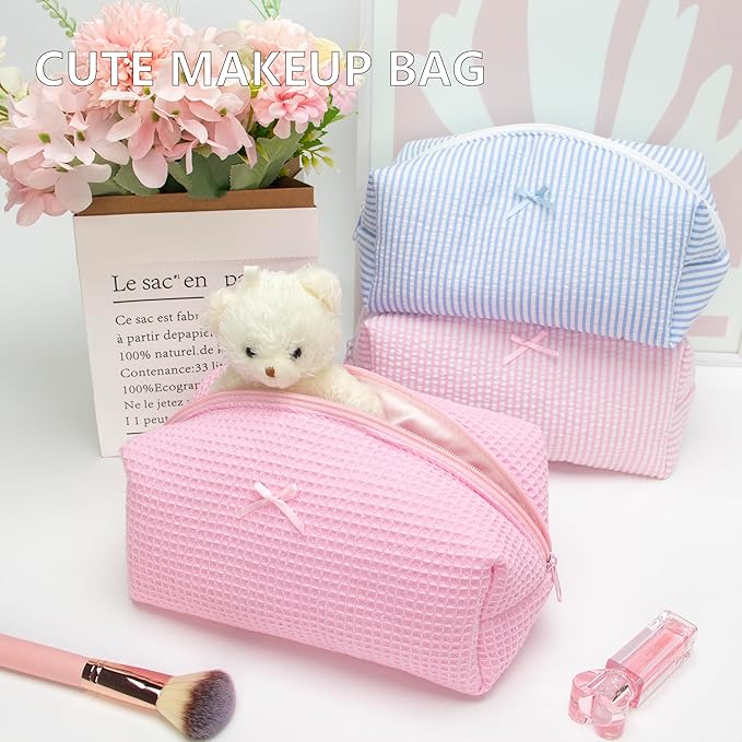 PAZIMIIK Cozy Makeup Bag for Women,Zipper Cosmetic Pouch,Waffle Candy Pink