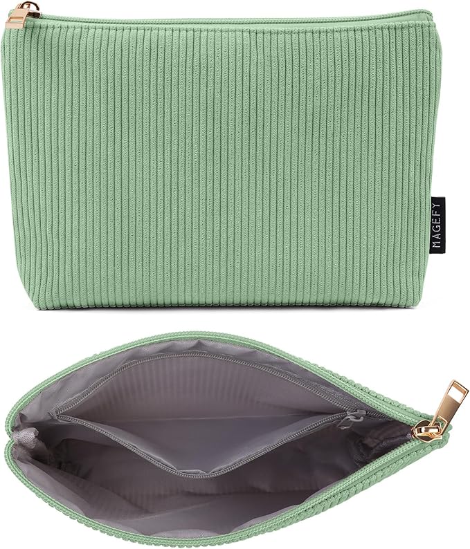 MAGEFY Small Makeup Bag for Purse Corduroy Makeup Bag with Inner Zipper Pockets Travel Cosmetic Bag for Women Preppy Stuff Gifts, Green