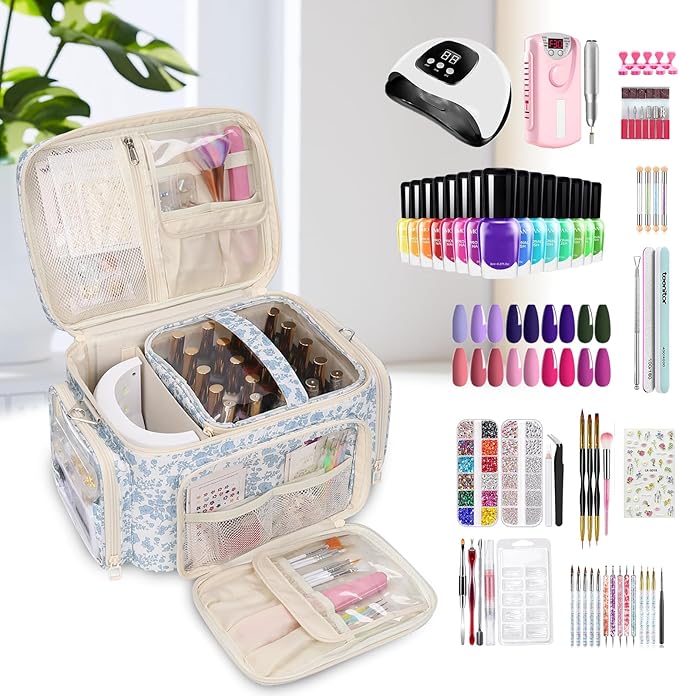 Bagmoly Nail Polish Organizer, Nail Polish Storage Holds 42+ Bottles & Nail Lamp, Portable Travel Nail Kit Storage Carrying Case Fits Nail Suppiles, Gift for Manicurist, Grils - Blue Flower
