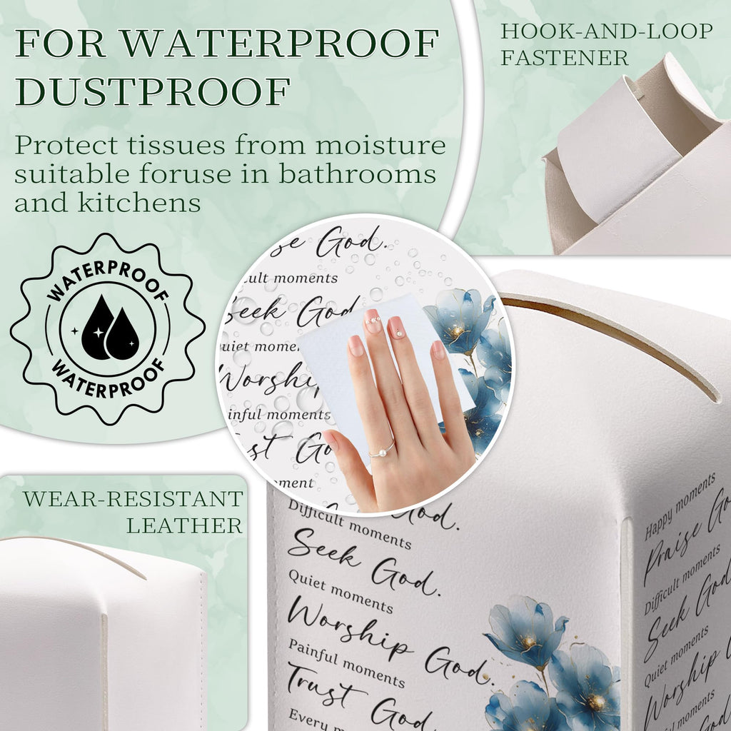 Blue Floral Tissue Box Cover, PU Leather Drawstring Bottom - Thank God, Inspirational Quotes, A Thoughtful Gift for Friends, Colleagues & Christian Loved Ones | Decorative Organizer