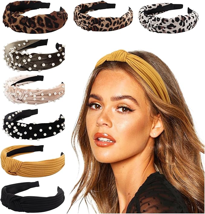 DRESHOW 8 Pack Fashion Knotted Headbands Vintage Velvet Leopard Print Pearl Headbands Hair Hoop Wide Turban Hairbands Accessories for Women Girls