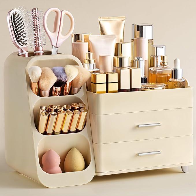 HBlife Makeup Organizer with Brush Holder for Vanity, Large Plastic Bathroom Countertop Organizer Skin Care Storage, Easy to Store Nail Polishes, Perfumes, Eyeshadow Palettes