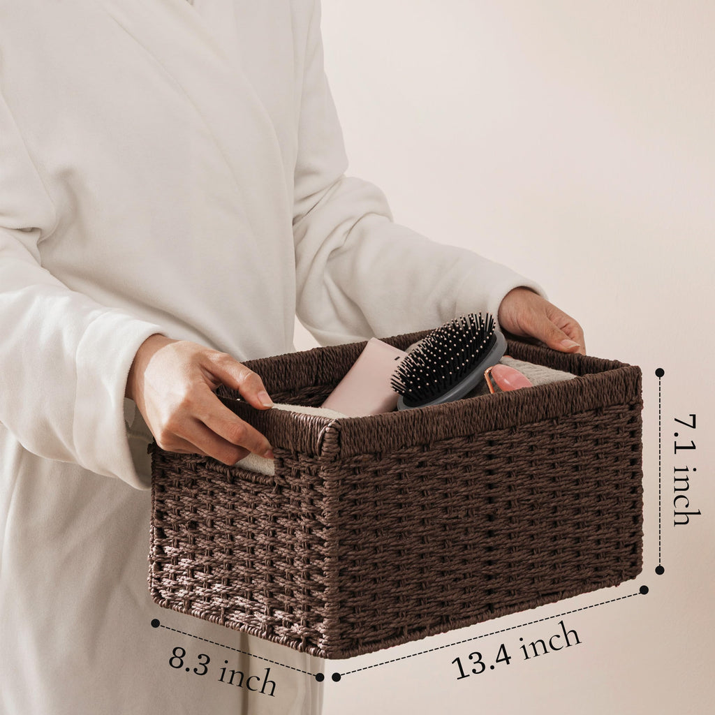 UBBCARE 3 Pack Wicker Basket, 13.4L×8.3H×7.1W inch Woven Paper Rope Storage Baskets for Shelves, Foldable Rectangular Storage Baskets with Handle, Storage Basket for Organizing, Dark Brown
