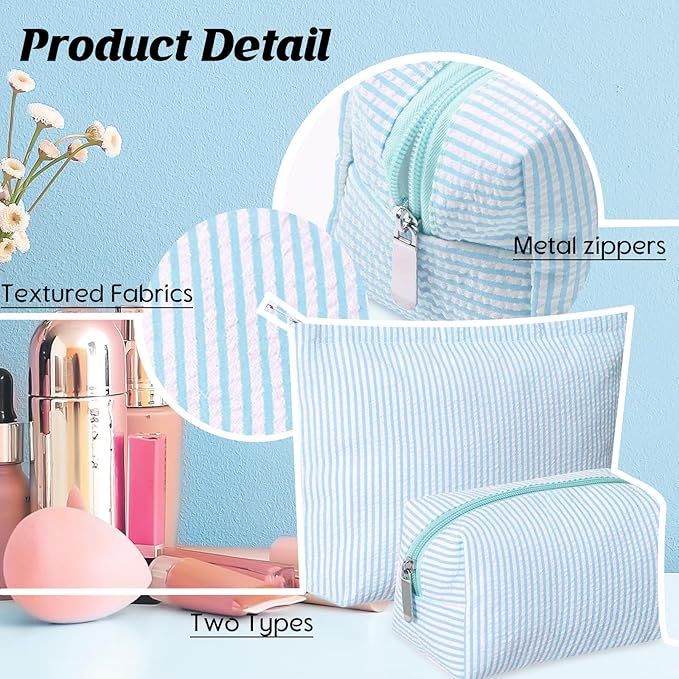 2 Pcs Makeup Bag Set Cute Cosmetic Pouch for Women Seersucker Travel Toiletry Bag Preppy Small Makeup Purse Pouch Aesthetic Skincare Brushes Storage Organizer for Valentine Women(Light Blue)