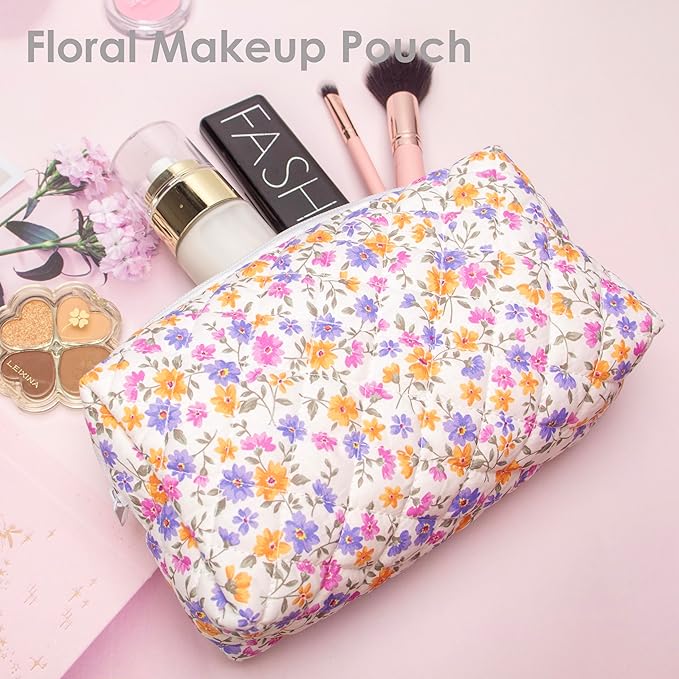 PAZIMIIK Small Quilted Makeup Bag,Zipper Cosmetic Pouch,Ditsy Floral,2 Pack