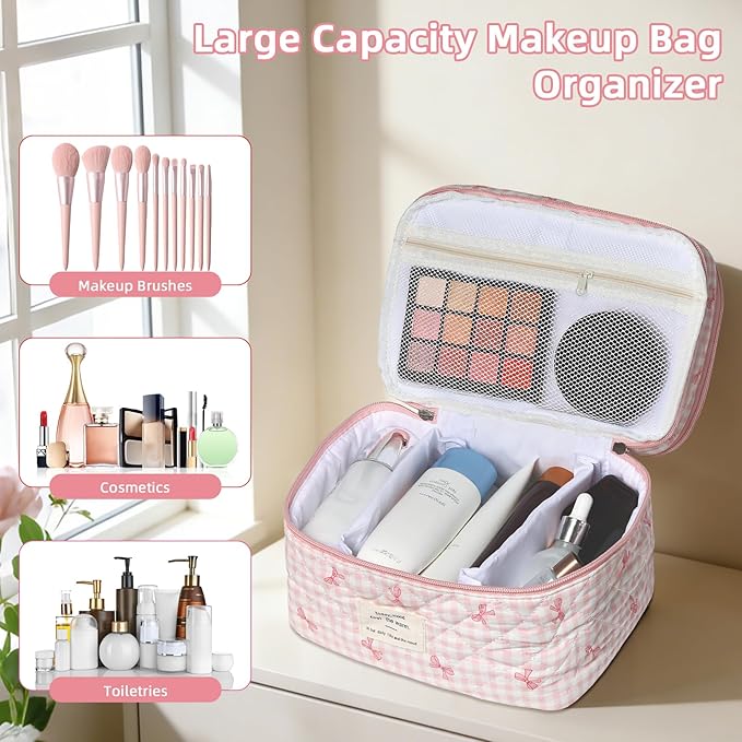 Gosect Makeup Bag, Portable Travel Make up Bag, Large Capacity Quilted Cosmetic Organizer Bag, Cute Floral Toiletry Bag for Women Girls (Pink Bow)