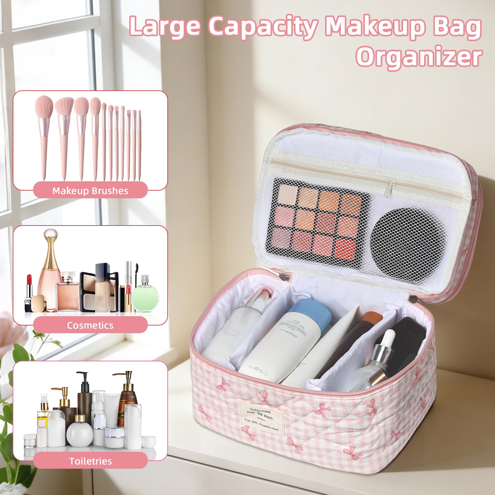 Gosect Makeup Bag, Portable Travel Make up Bag, Large Capacity Quilted Cosmetic Organizer Bag, Cute Floral Toiletry Bag for Women Girls (Pink Bow)