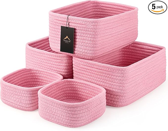 VIRETH HAUS 5-Pack Small Woven Rope Storage Baskets – 2 Sizes Organizer Bins for Closet, Shelf, Bookshelf, Nursery, Changing Table, Fabric Cube Boxes, Rectangular Shallow Bins for Bathroom, Toy & Home