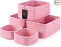 VIRETH HAUS 5-Pack Small Woven Rope Storage Baskets – 2 Sizes Organizer Bins for Closet, Shelf, Bookshelf, Nursery, Changing Table, Fabric Cube Boxes, Rectangular Shallow Bins for Bathroom, Toy & Home