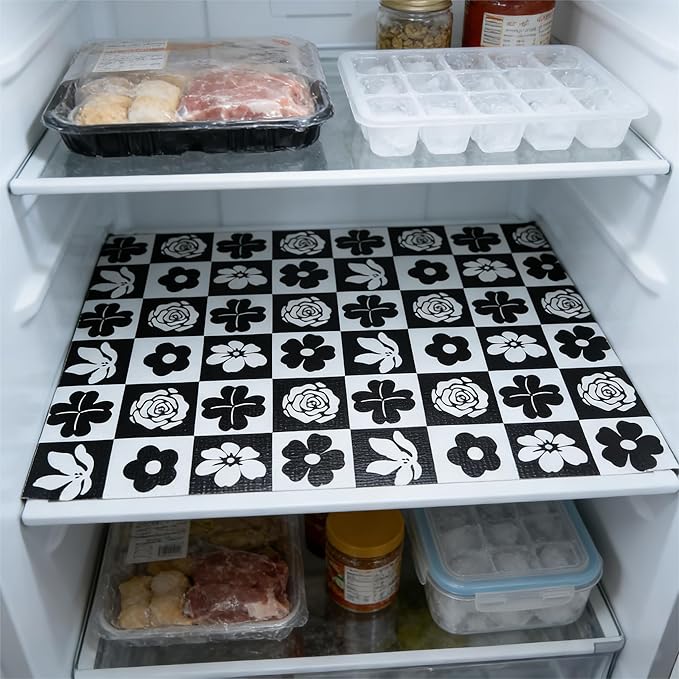 Drawer and Shelf Liner for Kitchen Cabinet,Non Adhesive Anti-Slip Double Layer PVC Waterproof Easy Clean for Dresser Bathroom Refrigerator with Knife Tape Measure(17 in X 20 Ft Black & White Flowers)
